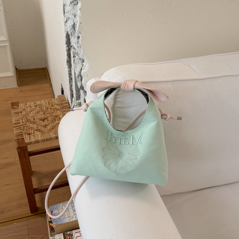 Korean Style Daisy Embroidered Mini Tote Bag with Bow Strap, Soft PU Material, Magnetic Closure, Casual Daily Shoulder Bag