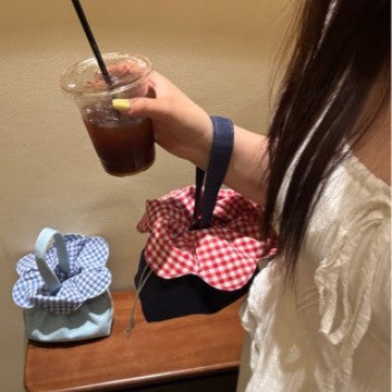 Cute Floral Drawstring Handbag with Checker Pattern, Soft Mini Bag for Daily Use and Fashionable Outings