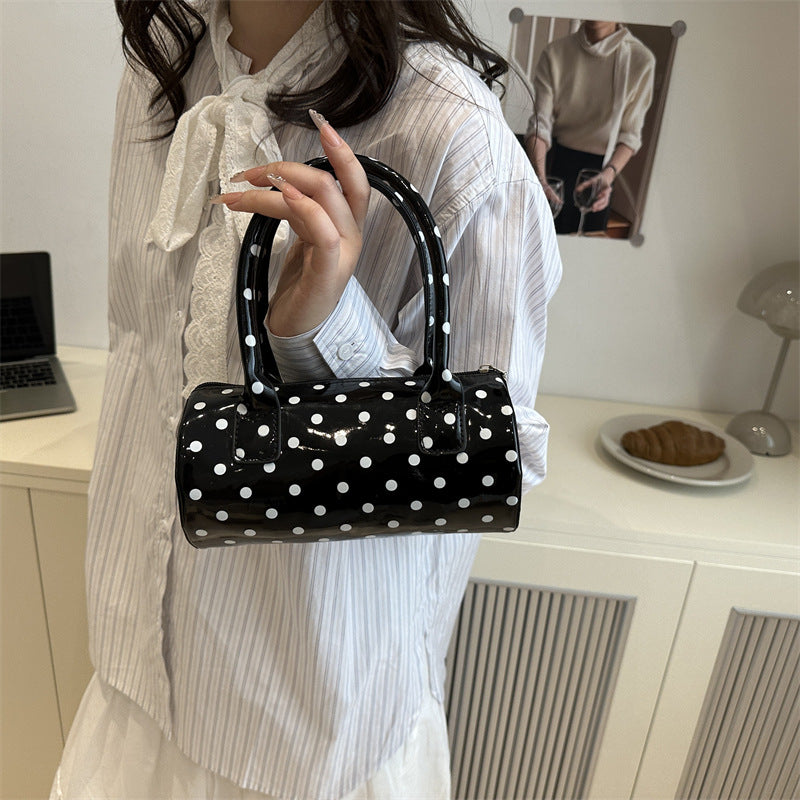 2025 Spring New Fashion Polka Dot Cylinder Handbag Women's Casual Crossbody Bag with Zipper Closure and Stylish Handle