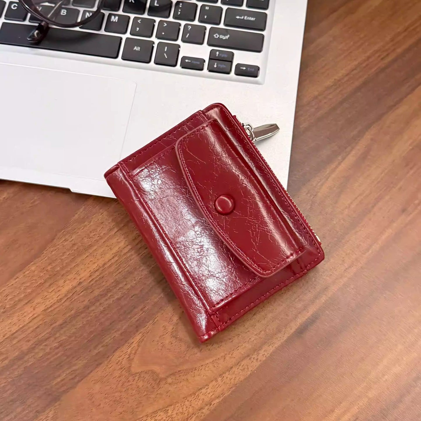Retro Oil Wax Skin Red Short Wallet Female Multi-Card-Slot Card Holder Student Zipper Multifunctional Wallet
