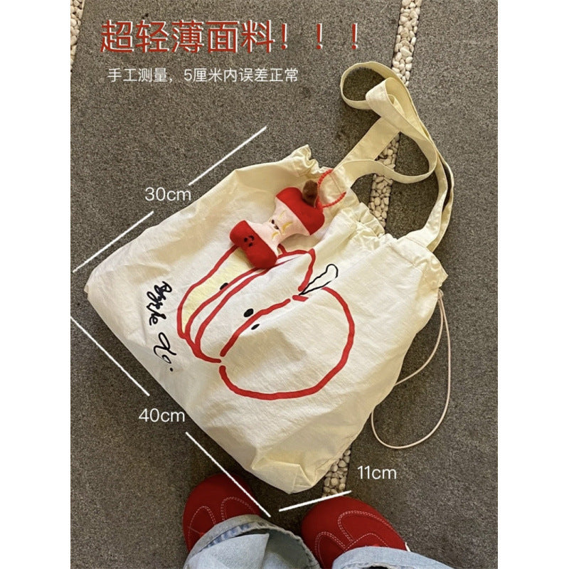 Cute Apple Print Women's Drawstring Tote Bag Lightweight and Large Capacity All-Match Cartoon Fashion Shoulder Bag