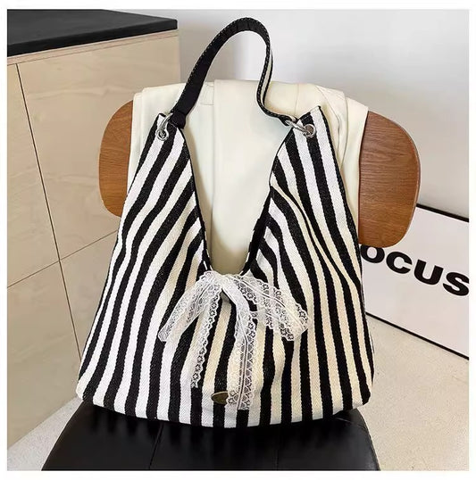 2025 New Fashion Striped Tote Bag for Women, Large Capacity Canvas Shoulder Bag with Lace Detail, Perfect for Daily Use and University