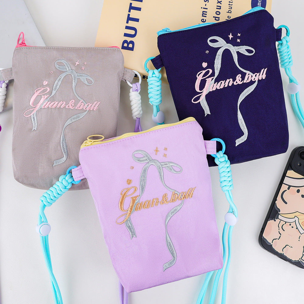 Summer Bowknot Crossbody Phone Bag for Women Lightweight Fashion Embroidery Shoulder Coin Purse