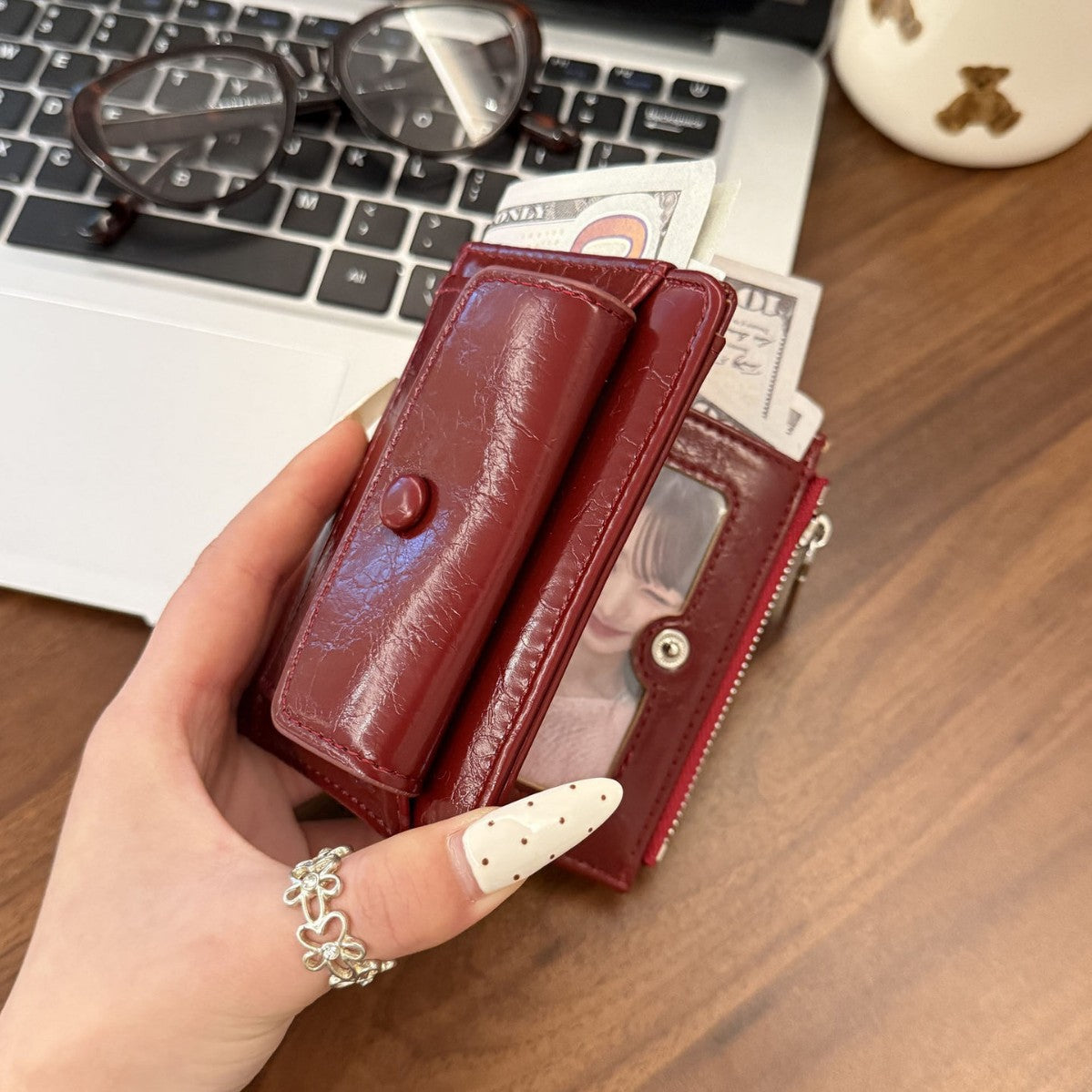Retro Oil Wax Skin Red Short Wallet Female Multi-Card-Slot Card Holder Student Zipper Multifunctional Wallet