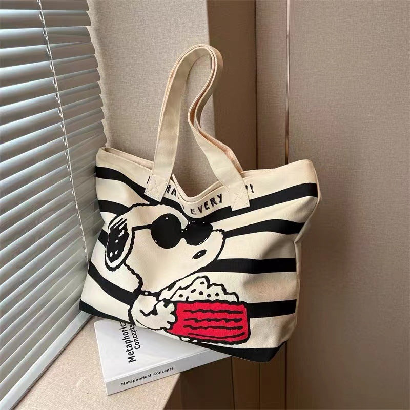 Cute Cartoon Print Canvas Tote Bag for Women, Casual Large Capacity Shoulder Bag with Fashionable Design and Soft Texture