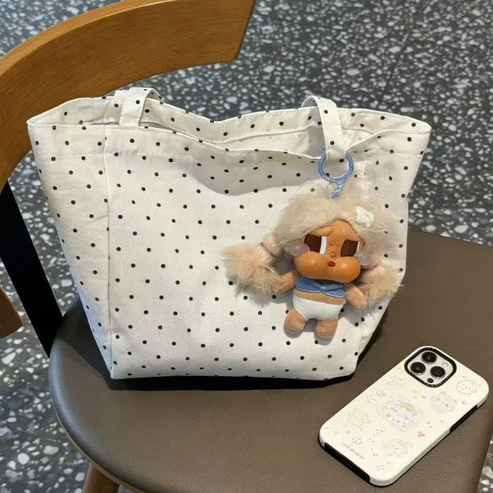Korean Style Lazy Canvas Tote Bag Women's Large Capacity Polka Dot Design Simple All-Match Daily Shoulder Bag
