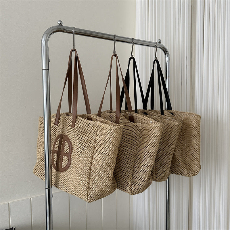 Woven Bag Women's New Partysu Contrast Color Straw Fashion Trendy One-Shoulder Handbag