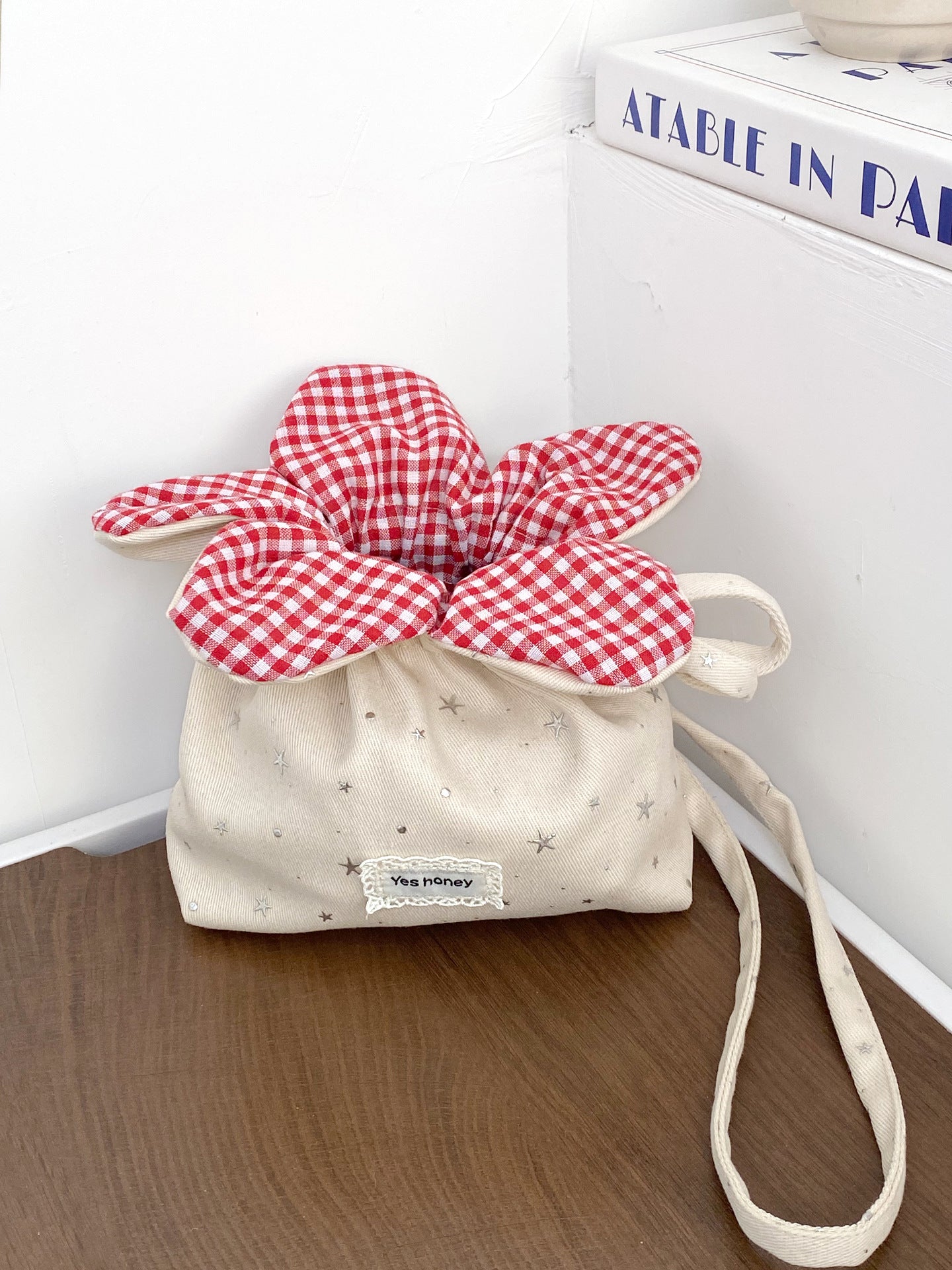 Cute Denim Flower Drawstring Crossbody Bag with Gingham Bloom, Korean Style Casual Phone Pouch for Daily Outings