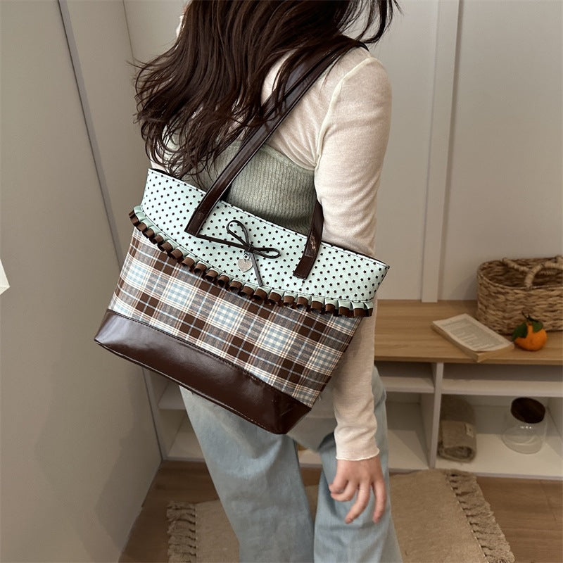 Retro Polka Dot Bow Plaid Tote Bag for Women, Large Capacity Fashionable Shoulder Bag with Elegant Ruffle Design