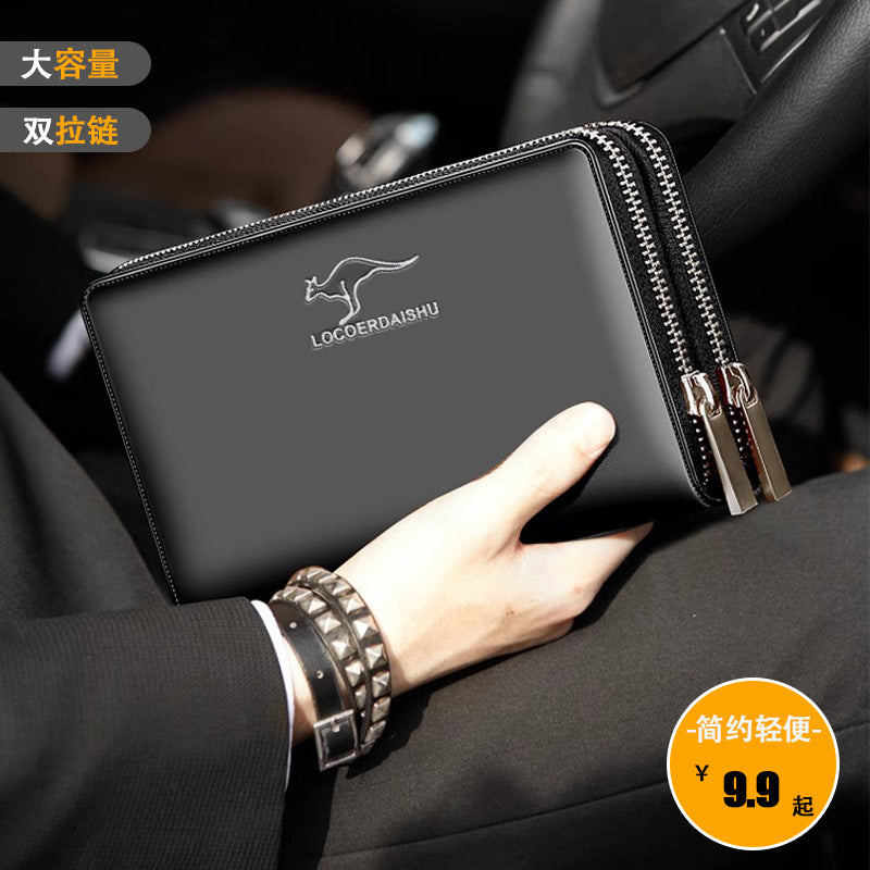 Stylish Men's Long Wallet with Multiple Card Slots, Waterproof PU Leather, Zipper Closure and Wrist Strap for Business Travel
