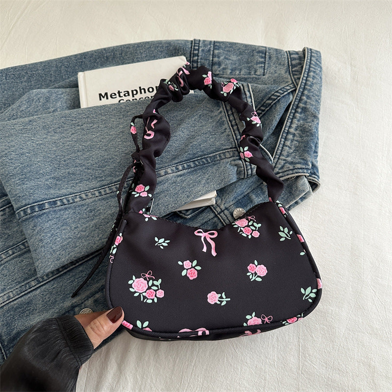 Gentle Sweet Flowers Canvas Bag Female New Drawstring Floral Bow Underarm Bag