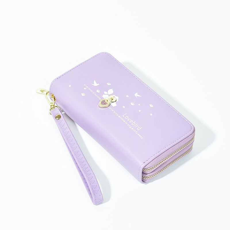Cute Lovebird PU Wallet with Rhinestone Heart, Double Zipper, Wrist Strap & Card Slots for Women