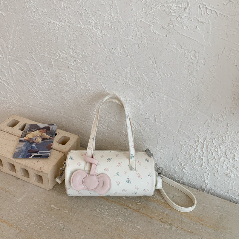 Cute Floral Cylinder Bag with Bow Detail, Fashionable Crossbody Tote for Daily Use