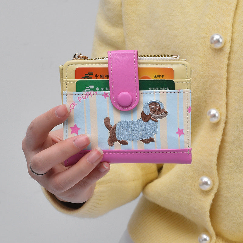 Cute Dachshund Print Wallet with Stripes and Stars, Fashionable Compact Card Holder for Women