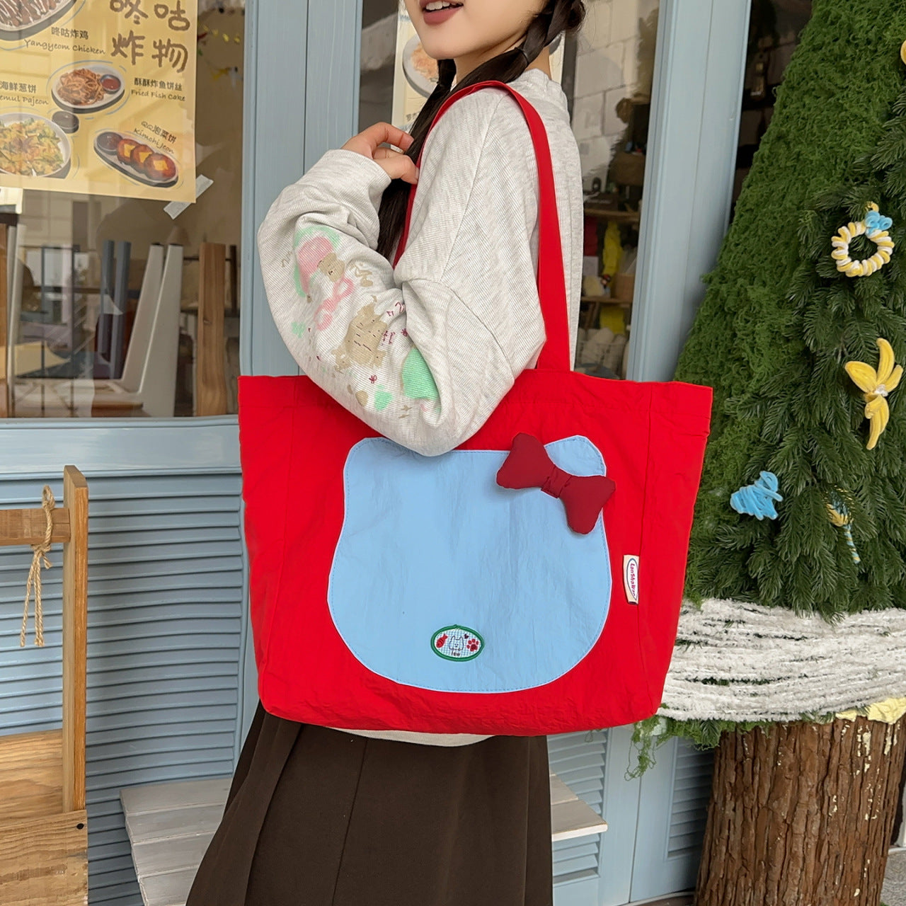 Cute Cat Face Tote Bag with Bowknot Design, Nylon Shoulder Bag for Daily Use and Shopping, Sweet Style