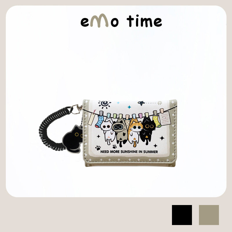 Cute Cartoon Foldable Wallet with Black Cat Detective Design, Multi-Card Slots and Chain Pendant for Women and Students