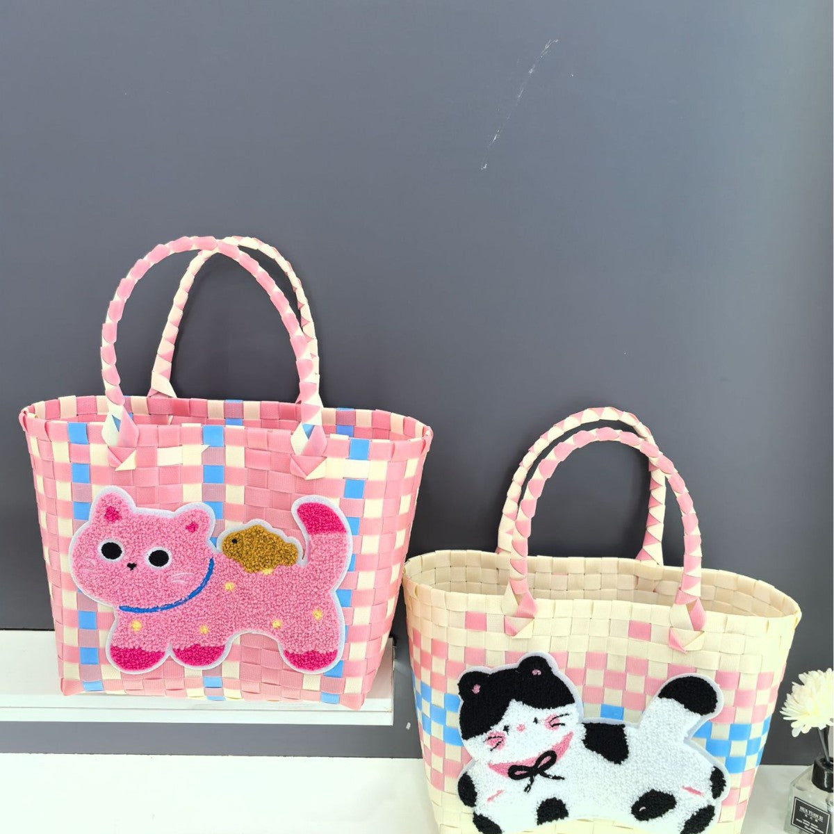 Spring Outing Picnic Bag Portable Plastic Woven Bag Large Capacity Woven Bag Cute Pink Fresh Color Matching Plaid