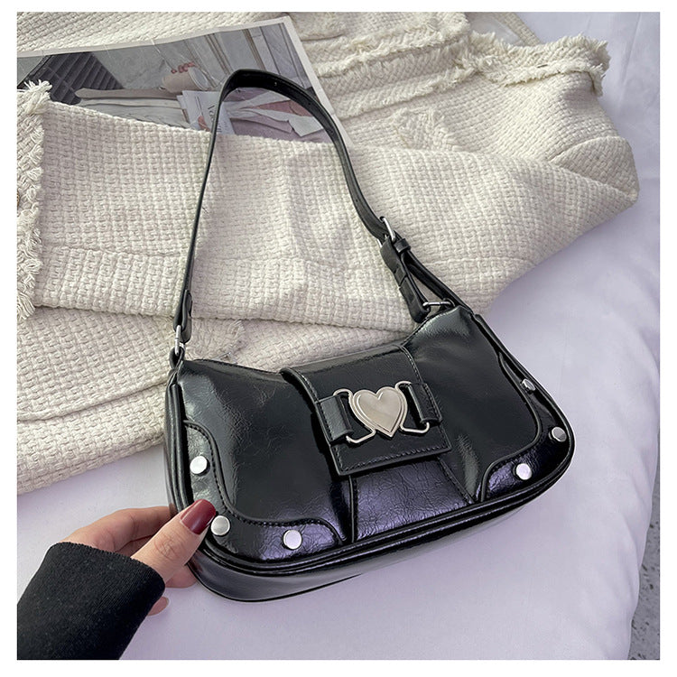 Chic Minimalist Shoulder Bag with Heart Buckle Design for Women, Trendy Crossbody Bag with Rivet Details