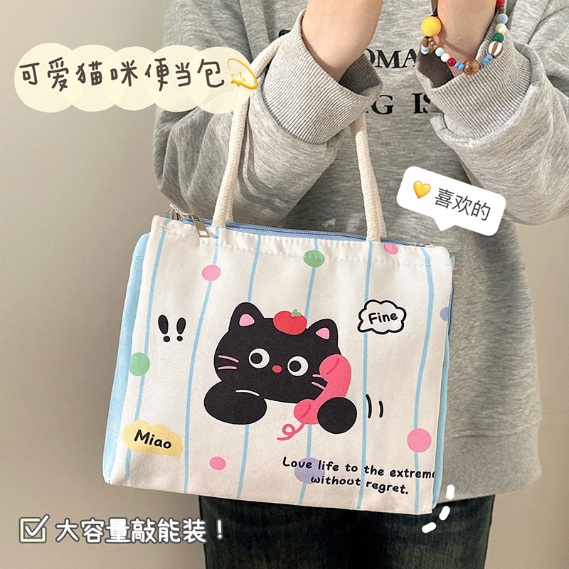 Cute Cat Design Insulated Lunch Bag with Large Capacity for Office and School Use