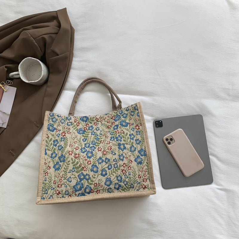 Chic Floral Tote Bag for Women - Soft Cotton Linen Material, Vintage Style with Magnetic Closure and Inner Zip Pocket