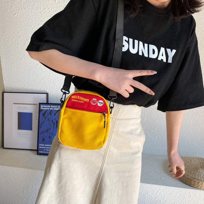 Cute Cartoon Print Canvas Crossbody Bag for Women, Street Style Small Square Bag with Zipper and Phone Pocket