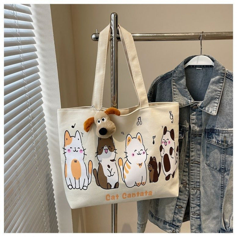 Cute Cat Cartoon Canvas Tote Bag for Women, Large Capacity Shoulder Bag with Plush Charm, Perfect for Daily Use and School