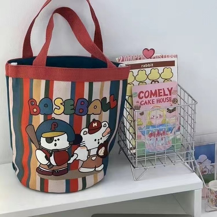 Cute Ice Skating Club Canvas Tote Bag for Kids and Teens, Fashionable Bucket Style with Cartoon Print, Perfect for Daily Use and School