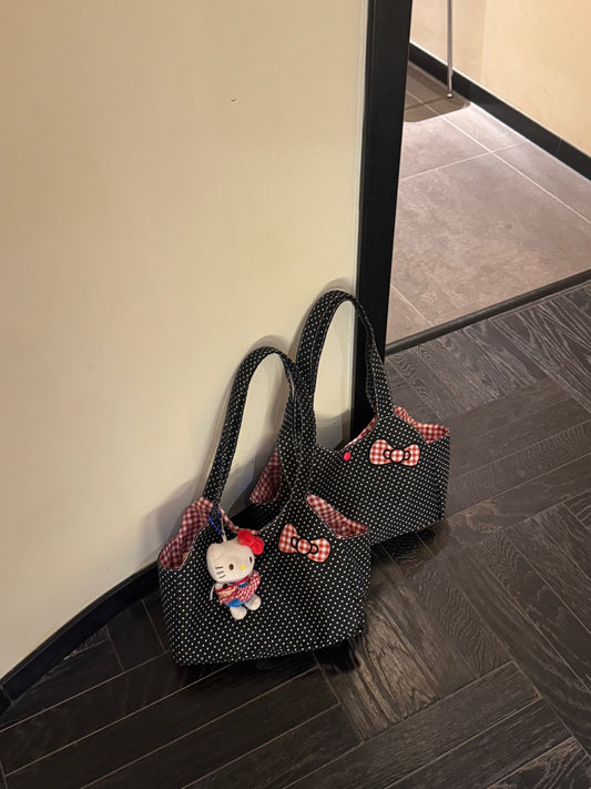 Cute Polka Dot Tote Bag with Red Checkered Bow and Hello Kitty Charm, Perfect for Daily Use