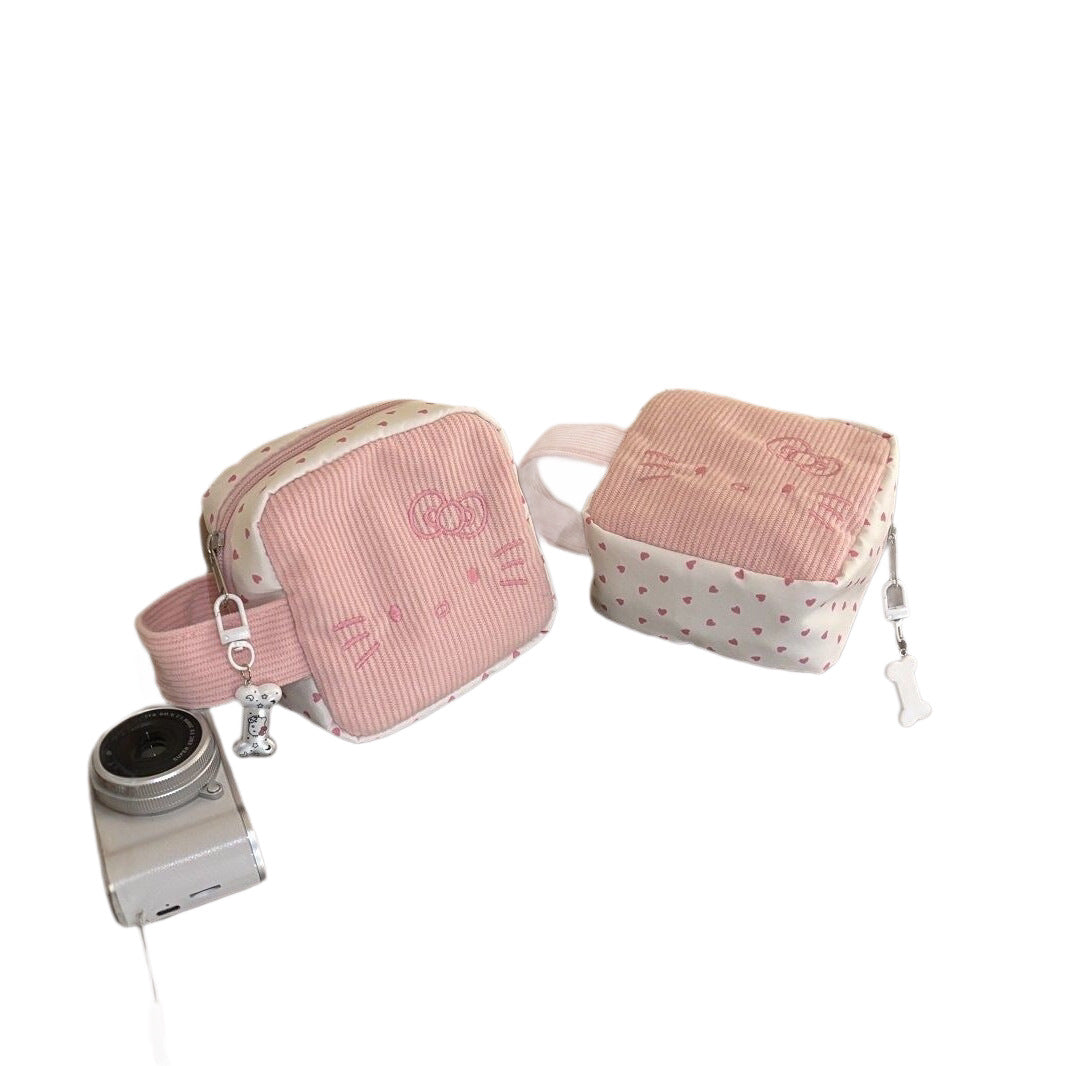Cute Hello Kitty Corduroy Cosmetic Bag with Embroidery Design, Large Capacity Portable Makeup Organizer for Daily Use