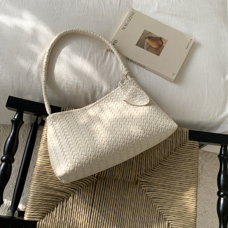 Elegant Woven Texture Handbag for Women, Soft PU Material, Urban Minimalist Style with Zipper Closure
