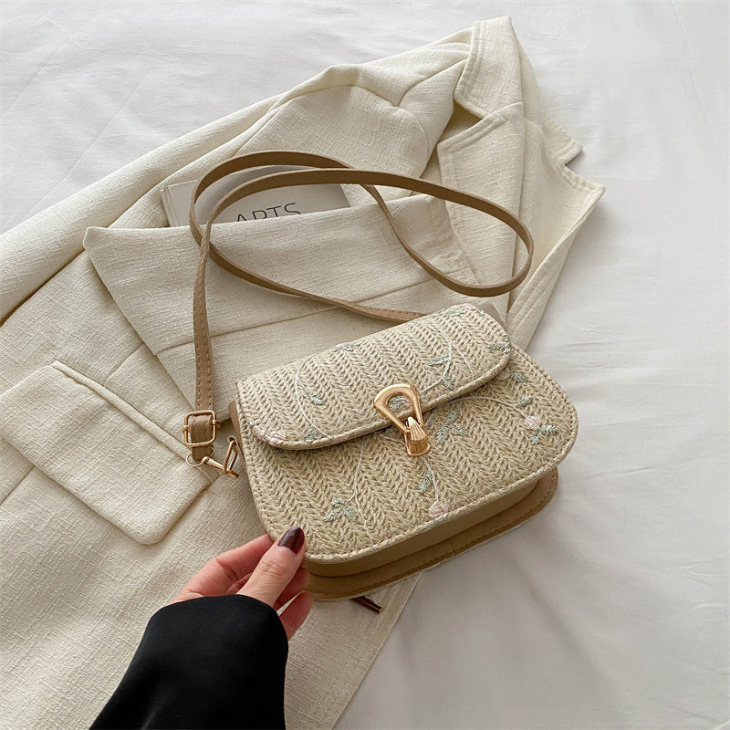 Woven Fashion Korean Lock Latch Shoulder Messenger Bag Spring New All-Match Small Square Bag Straw