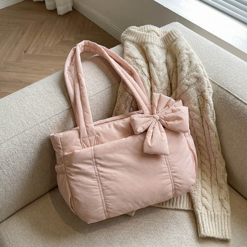 Winter New Bow Tote Bag with Quilted Design and Zipper Closure for Daily Use
