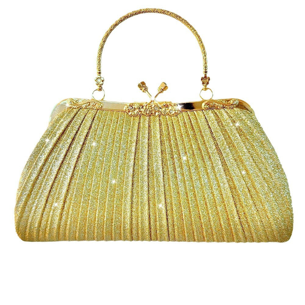 Elegant Pleated Clutch Bag with Rhinestone Closure and Gold Handle for Evening Events