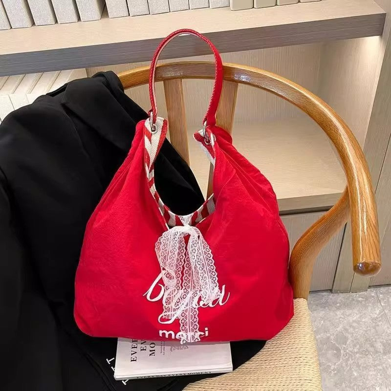 2025 New Fashion Striped Tote Bag for Women, Large Capacity Canvas Shoulder Bag with Lace Detail, Perfect for Daily Use and University