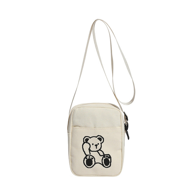Cute Bear Embroidery Canvas Bag Women's New Shoulder Messenger Bag Versatile Student Phone Bag