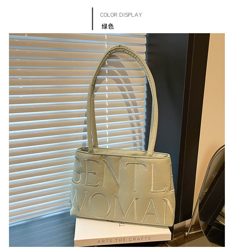 Elegant Embroidered Letter Tote Bag for Women, Stylish Satin Design with Double Handles and Zipper Closure