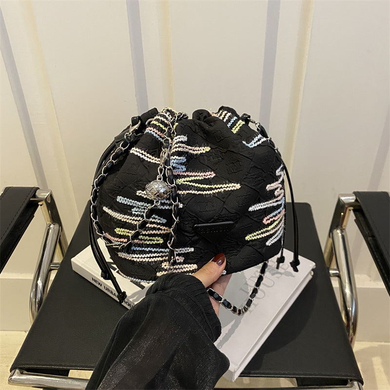 New Chinese Style Rainbow Striped Embroidered Bucket Bag New Summer Rhombus Chain Indentation Shoulder Crossbody Lucky Bag