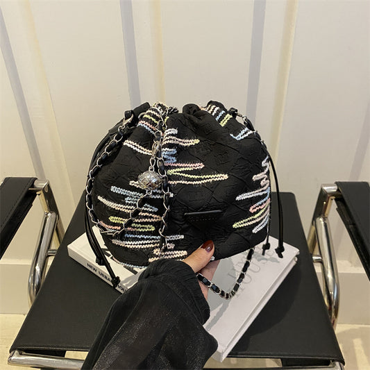 New Chinese Style Rainbow Striped Embroidered Bucket Bag New Summer Rhombus Chain Indentation Shoulder Crossbody Lucky Bag