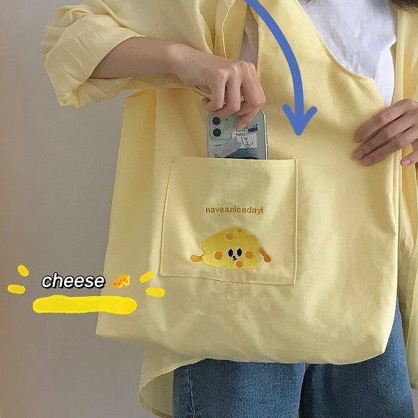 Cute Japanese Harajuku Style Tote Bag with Cartoon Print, Large Capacity Canvas Shoulder Bag for Daily Use and School