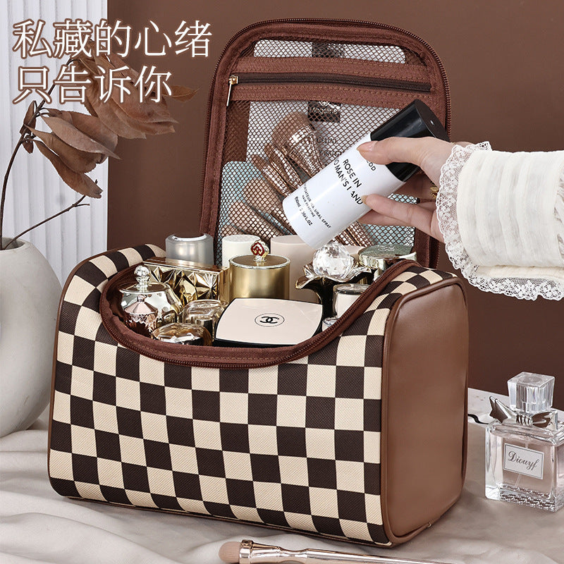 Checkered Hotdog Design Large Capacity Waterproof Cosmetic Bag for Travel and Daily Use