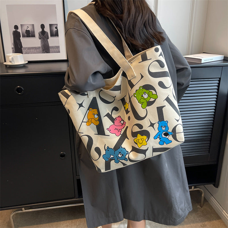 New Fashion Canvas Tote Bag for Women with Cute Bear Print, Large Capacity, Daily Commute & Casual Style