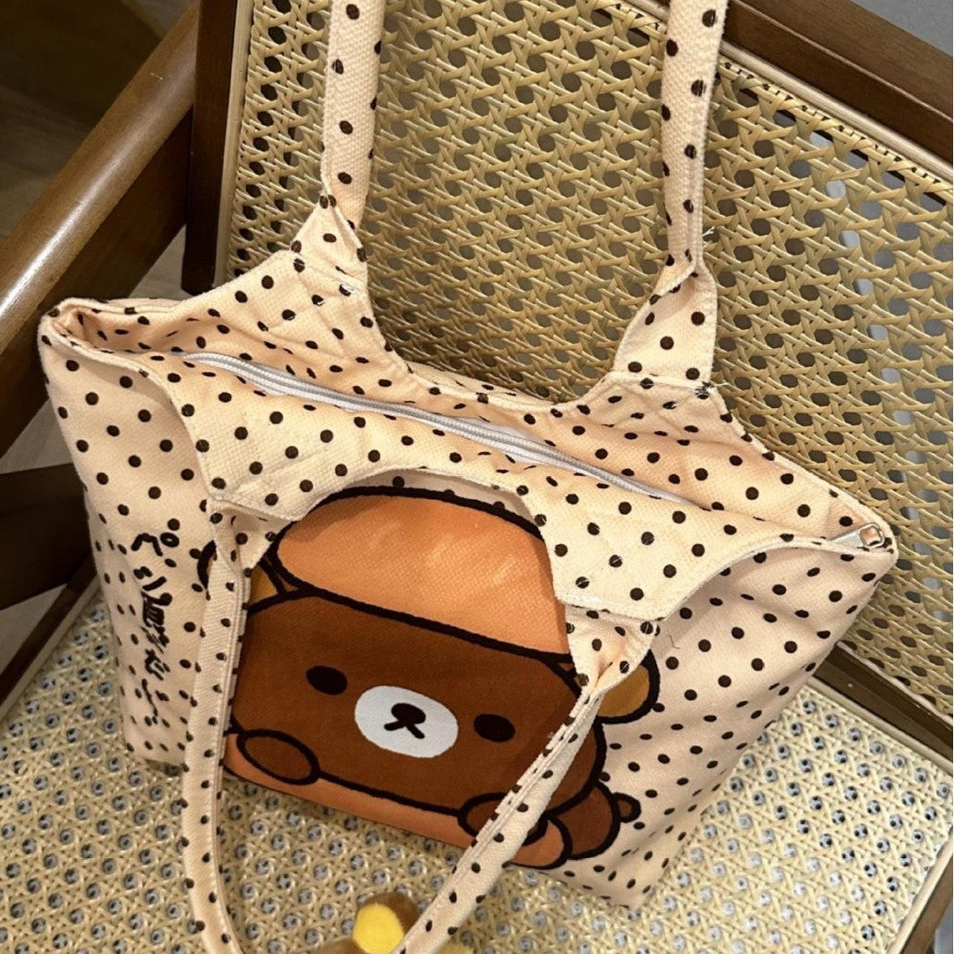 Cute Cartoon Bear Polka Dot Tote Bag for Women, Large Capacity Shoulder Bag with Zipper, Perfect for Daily Commute and School