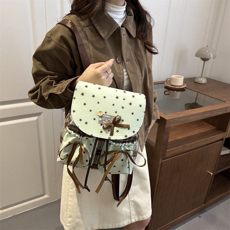 Cute Star Pattern Backpack with Bow Details for Women, Fashionable Daily Use and School Style