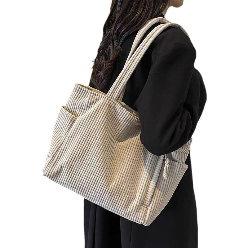 2024 Autumn New Corduroy Tote Bag for Women, Large Capacity Casual Shoulder Bag with Zipper Closure and Inner Pockets, Street Style Fashion