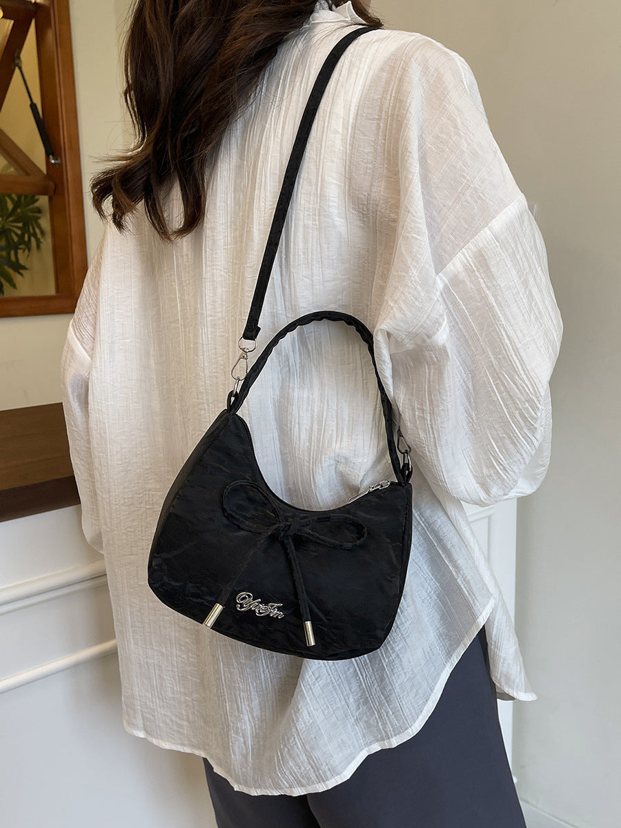 2025 Summer New Chic Bowknot Handbag for Women, Soft Canvas Shoulder Crossbody Bag with Zipper Closure and Stylish Design