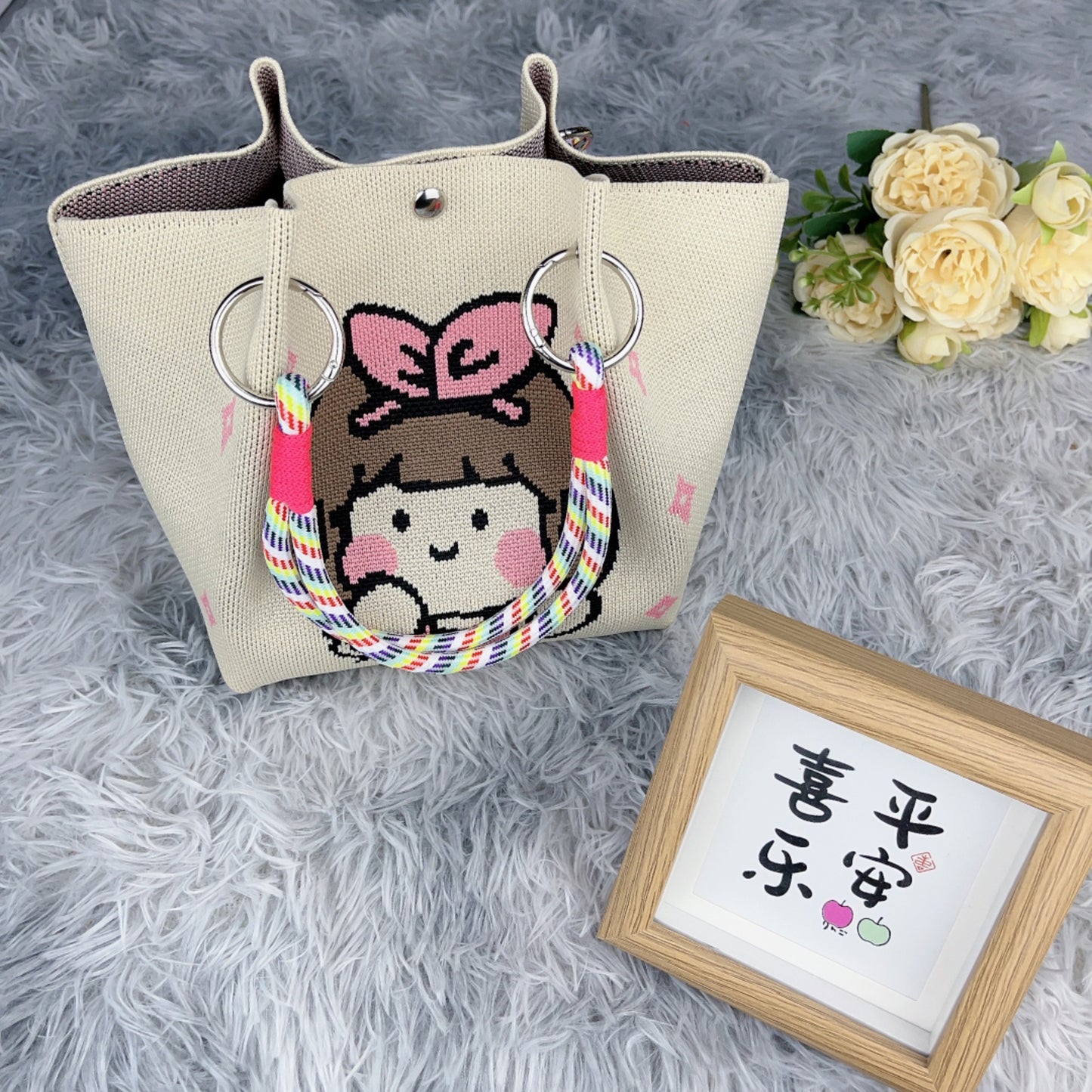 Women's Shoulder Bag New Hollow Canvas Handbag Color Rope Handle Large Capacity Daily Commuter Women's Bag