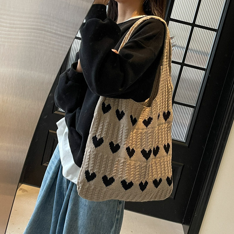 Women's Shoulder Bag Love Pattern Knitted Tote Bag Soft Handmade Shoulder Bag Daily Matching Fashion Tote Bag