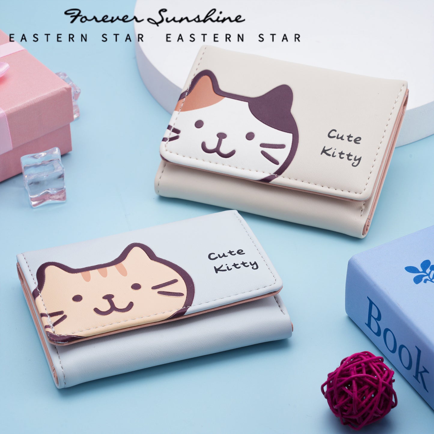 Cute Kitty Print PU Wallet for Women, Fashionable Three-Fold Card Holder with Sweet Cartoon Design