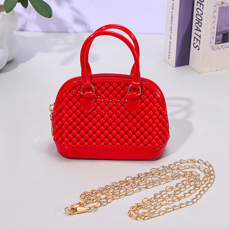 Cute Kids Beaded Handbag with Chain Strap for Girls, Fashionable Mini Shell Bag for Daily Use