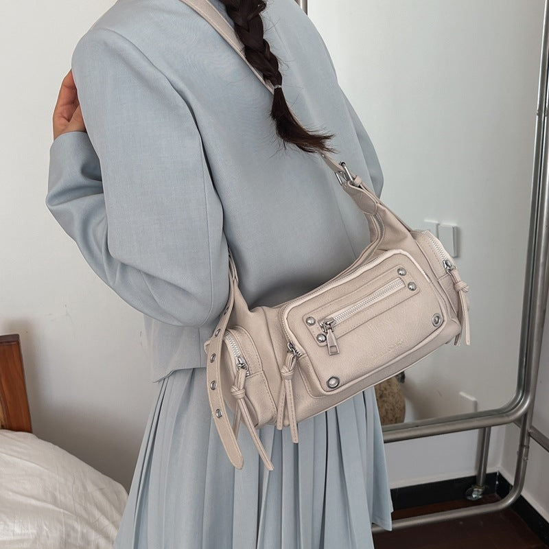 Korean Street Style Moto Bag with Rivets and Tassels, Multi-Pocket Shoulder Crossbody Bag for Daily Fashion